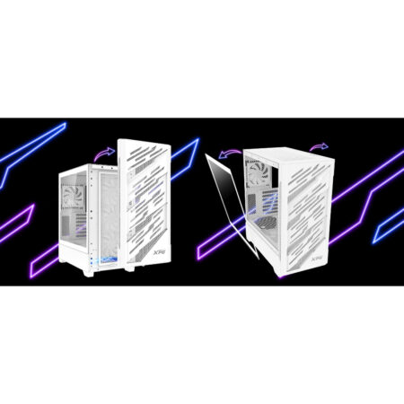 XPG STARKER AIR BTF, Blanco, soporta placas base con diseño de conector inverso, Torre Media ATX, 2.5'' y 3.5'' pulgadas x2, I/O: USB-C x1, USB-A x2, Audio HD x1, control LED x1, Reinicio x1, Poder x1, Ventilador ARGB: 4 x Ventiladores de 120mm (Frontal x3, Trasero x1), Ventilador: (Trasero x1), 2 Años de Garantía